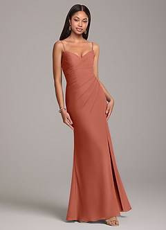 Azazie Yola Bridesmaid Dresses Clay Sheath Pleated Chiffon Convertible Dress image5