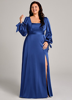 Azazie Leonia Vestidos de damas de honor Vestido de Azul Real de Satén Elástico de Corte en A con Manga larga image10