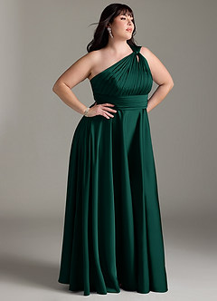 Azazie Charlize Bridesmaid Dresses Emerald A-Line One Shoulder Stretch Satin Dress image4
