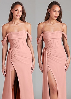 Azazie Amyra Bridesmaid Dresses Rosette Sheath Off the Shoulder Chiffon Convertible Dress image9