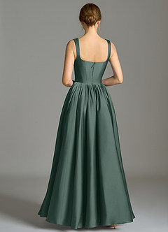 Azazie Verina At-home Try On Dresses Dusty Blue A-Line Pleated Stretch Satin Dress image6