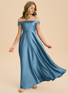 Azazie Sissy Junior Abito A-Line in Raso Elasticizzato a Spalla Scoperta Blu Acciaio image5