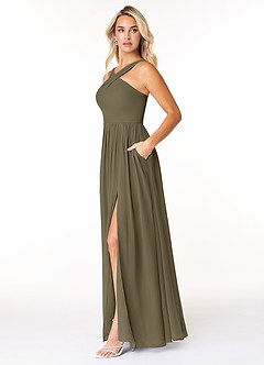 Azazie Elvira Vestidos de damas de honor Vestido Verde Sauce de Gasa de Línea A con Plisado image3