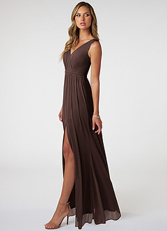 Azazie Tanicia Brautjungfernkleider A-Linie V-Hals Gefaltet Gittergewebe Kleid Ganache image3