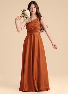 Azazie Charlize Junior Cinnamon A-Line Pleated Stretch Satin Dress image6