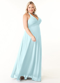 Azazie Tessie Vestidos de damas de honor Vestido de Vidrio Marino de Gasa de Corte en A con Cuello en V plisado image8