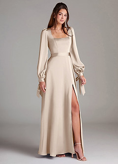 Azazie Leonia Bridesmaid Dresses White Alabaster A-Line Long Sleeve Stretch Satin Dress image3