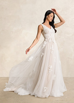 Azazie Alemia Wedding Dresses Diamond White Nude A-Line Lace Tulle Dress image4
