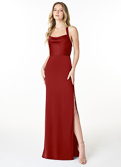 Azazie Myla Final Sale Pomegranate Sheath Cowl Keyhole Stretch Satin Dress image1