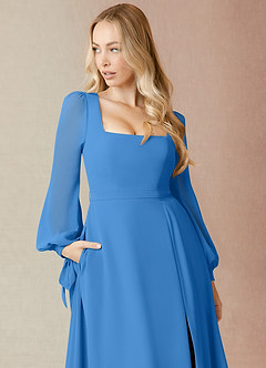 Azazie Leonia Bridesmaid Dresses Blue Jay A-Line Long Sleeve Chiffon Dress image6