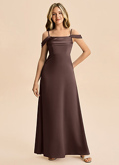 Azazie Lettie Junior A라인 오프 더 숄더 스트레치 새틴 플로어 길이 주니어 신부 들러리 드레스 image4