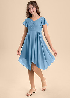 Azazie Janeaurelia Junior Steel Blue A-Line Pleated Chiffon Dress image3