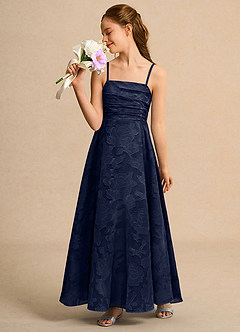 Azazie Pebbles Junior Formal Flower Girl Dresses Dark Navy A-Line Pleated Floral Burnout Dress image4