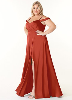 Azazie Ocean Bridesmaid Dresses Rust A-Line V-Neck Pleated Stretch Satin Dress image8