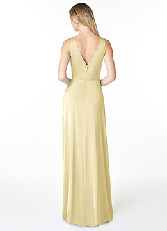 Azazie Nelly Bridesmaid Dresses Lemon Sorbet A-Line V-Neck Pleated Stretch Satin Dress image2
