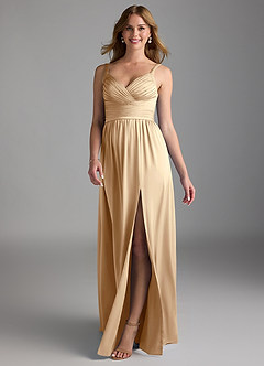 Azazie Chanel Bridesmaid Dresses Champagne A-Line Pleated Stretch Satin Dress image1