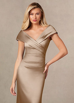 Azazie Ludlow Mother of the Bride Dresses Taupe Mermaid Pleated Stretch Satin Dress image6