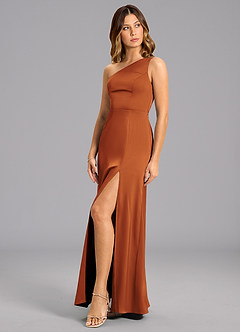 Azazie Phaedra Jurken voor bruidsmeisjes Jurk van Stretch Satijn met A-Lijn One-Shoulder Kaneel image3