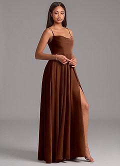 Azazie Elle Jurken voor bruidsmeisjes Jurk van flueel met A-Lijn met Zakken Omber image7