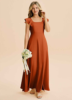 Azazie Bondi Junior Robe Trapèze en Satin extensible Fente Latérale Orange Brûlée image4