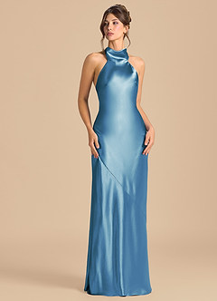 Azazie Velli 신부 들러리 드레스 쉬스 하이넥 메탈릭 새틴 바닥 길이 드레스 image2