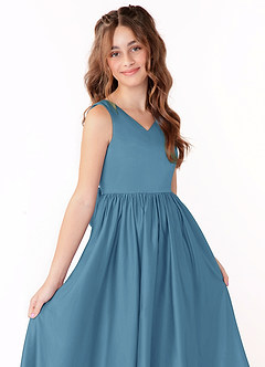 Azazie Hathaway Junior Steel Blue A-Line Bow Matte Satin Dress image5