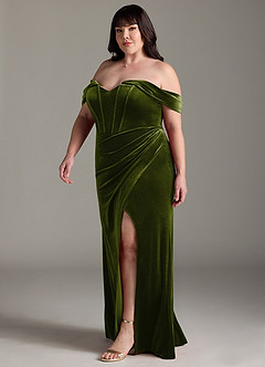 Azazie Jas Robes de demoiselle d'honneur Robe Fourreau Convertible en velours Schulterfreies Korsett Olive image13