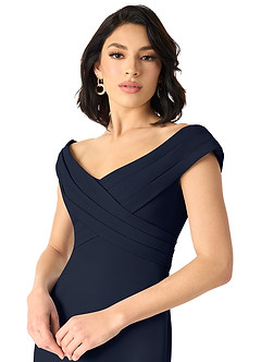 Azazie Evita Vestidos de damas de honor Vestido de Azul Marino Oscuro de Crepé elástico de Corte en A con Vestidos sin tirantes image4