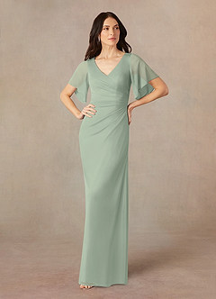 Azazie Selah Final Sale Dusty Sage A-Line V-Neck ruched Mesh Dress image1