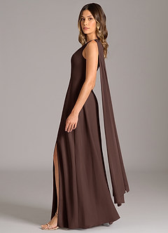 Azazie Tella Robes de demoiselle d'honneur Robe Trapèze en Mousseline de soie Asymétrique Ganache image4
