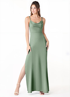 Azazie Alaija Vestidos de damas de honor Vestido de Matcha de Satén Elástico de Corte Sirena con Corte Lateral image2