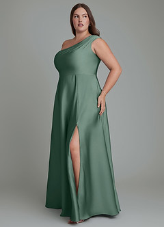 Azazie Melanie Bridesmaid Dresses Eucalyptus A-Line Off the Shoulder Stretch Satin Dress image11