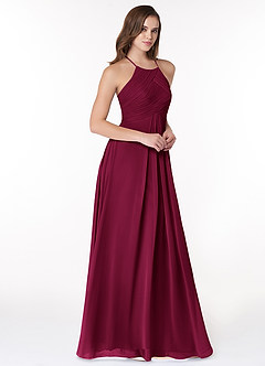 Azazie Ginger Vestidos de damas de honor Vestido Borgoña de Gasa de Línea A con Halter Plisado image1