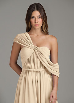 Azazie Nyah Bridesmaid Dresses Champagne A-Line Off the Shoulder Chiffon Dress image7