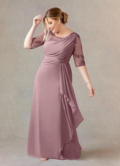 Azazie Dionysus At-home Try On Dresses Dusty Rose A-Line Boatneck Lace Chiffon Dress image8