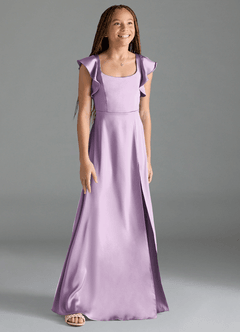 Azazie Bondi Junior Frosted Lilac A-Line Side Slit Stretch Satin Dress image3