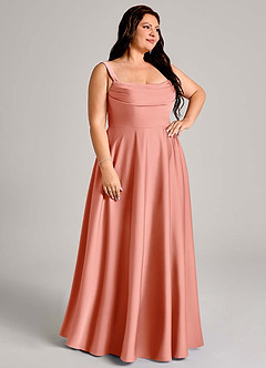 Azazie Shaude Bridesmaid Dresses Coral A-Line Pleated Stretch Satin Dress image10