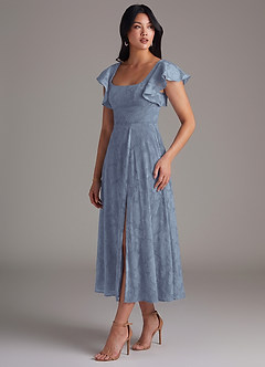 Azazie Bondi Bridesmaid Dresses Dusty Blue A-Line Ruched Floral Burnout Dress image3
