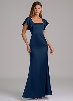 Azazie Elkie Robes de demoiselle d'honneur Robe Sirène en Satin extensible Col Carré Bleu Marine Foncé image4