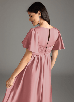 Azazie Verna Maternity Bridesmaid Dresses A-Line Ruched Stretch Satin Floor-Length Dress image8