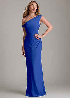Azazie Emerson Bridesmaid Dresses Royal Blue Sheath Off the Shoulder Chiffon Dress image1
