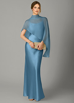 Azazie Jaleesa Robes de demoiselle d'honneur Robe Trapèze en Satin extensible Col Haut Acier Bleuté image5