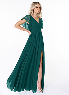 Azazie Zella Bridesmaid Dresses Peacock A-Line Lace Chiffon Dress image4