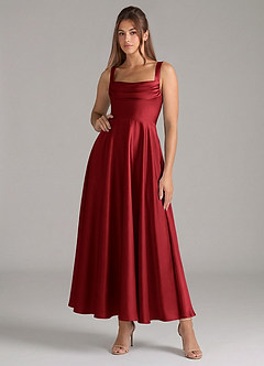 Azazie Shaude Bridesmaid Dresses Scarlet A-Line Pleated Stretch Satin Dress image1