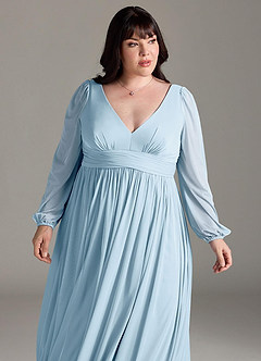 Azazie Norah Bridesmaid Dresses Sky Blue A-Line V-Neck Long Sleeve Chiffon Dress image12
