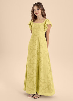 Azazie Bondi Junior Canary A-Line Bow Floral Burnout Dress image3