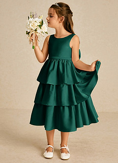 Azazie Margery Flower Girl Dresses Emerald A-Line Bow Stretch Satin Dress image4