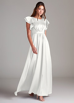 Azazie Daphne Bescheiden Bruidsmeisjekleding A-Lijn Ruches Stretch Satijn Vloerlengte Jurk image3