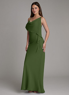 Azazie Yura Jurken voor bruidsmeisjes Jurk van Chiffon met Zeemeermin Off-shoulder Olijf image5