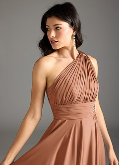 Azazie Charlize Bridesmaid Dresses Bronzer A-Line One Shoulder Stretch Satin Dress image7